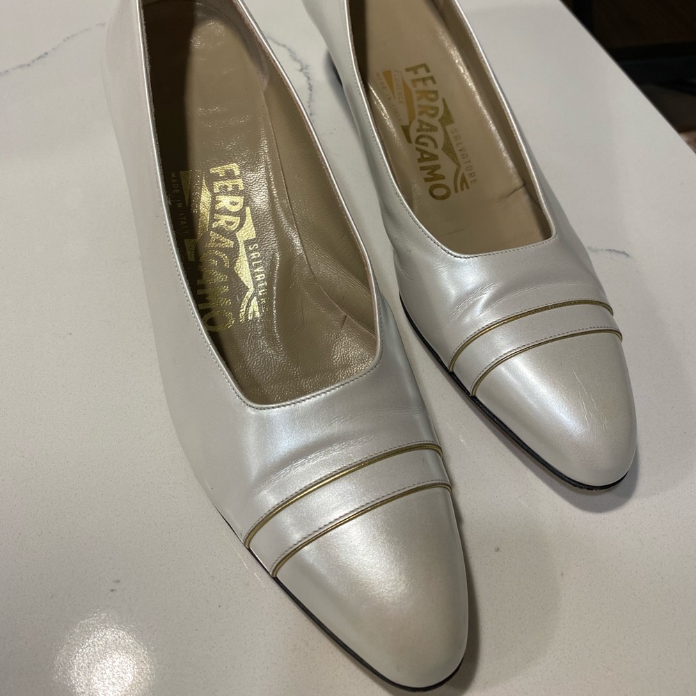 Salvatore Ferragamo White Pearl Vintage Heels